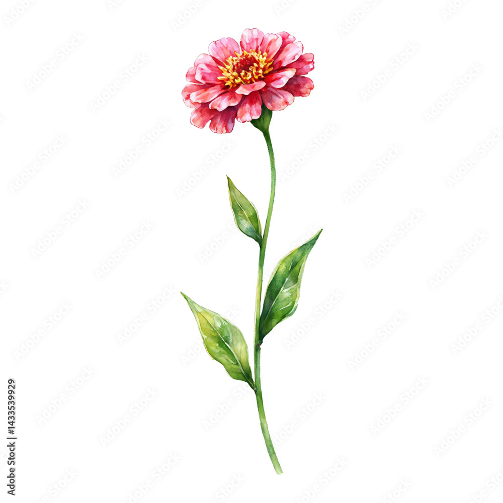 Zinnia Flower with Leaves Pink and Yellow Isolated Hand Drawn Watercolor Painting Illustration Zinnia Flower with Leaves Pink and Yellow Isolated Hand Drawn Watercolor Painting Illustration