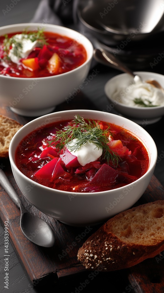 Ukrainian borscht garnished with fresh dill and a spoonful of sour cream. There is also a smaller bowl of sour cream and slices of black rye bread, dark background. Ukrainian borscht garnished with fresh dill and a spoonful of sour cream. There is also a smaller bowl of sour cream and slices of black rye bread, dark background.