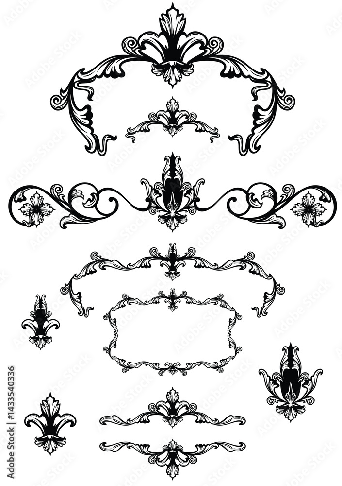 Naklejka premium antique style floral fleur de lys calligraphy - black and white vector calligraphic frames, borders and page decor design elements set