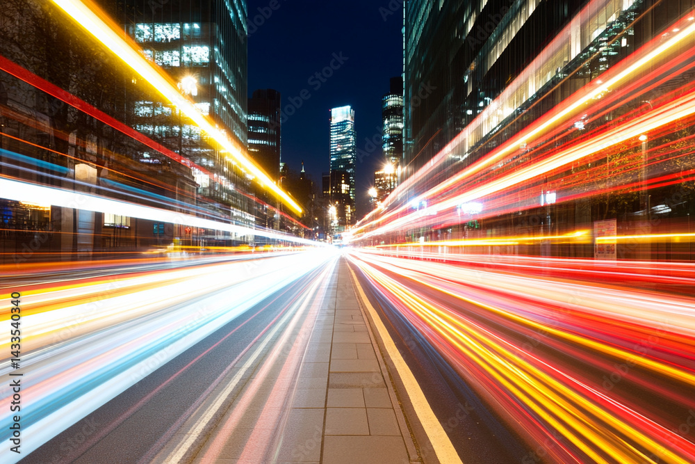 Fototapeta premium Urban nightscape showcasing dynamic light trails from vehicles on a bustling city street with modern buildings