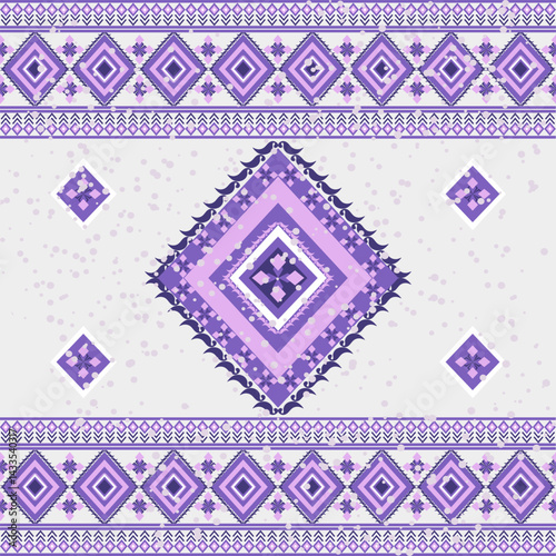 Geometric ethnic seamless pattern with Aztec ornament. Tribal background. Purple geometric design on a polka dot background. Ideas for textiles, elaborate borders, curtains, and carpets.