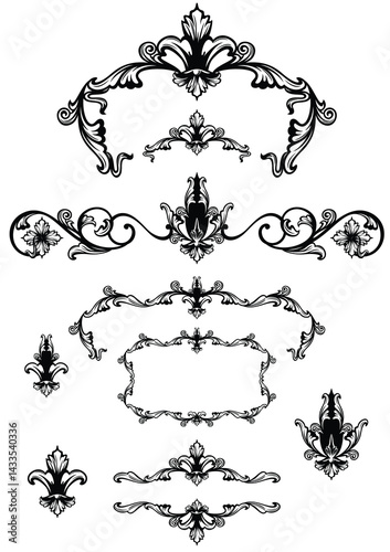 antique style floral fleur de lys calligraphy -  black and white vector calligraphic frames, borders and page decor design elements set