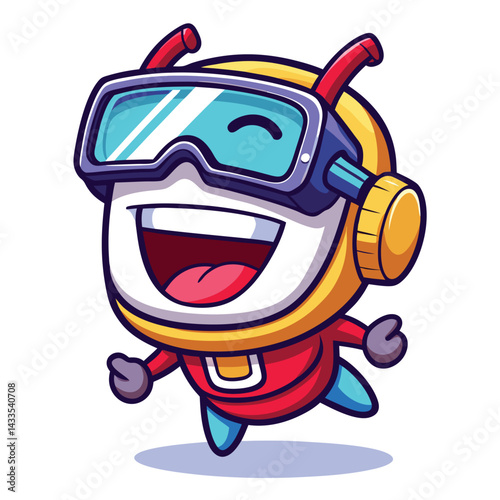 Happy cartoon character in space suit with goggles