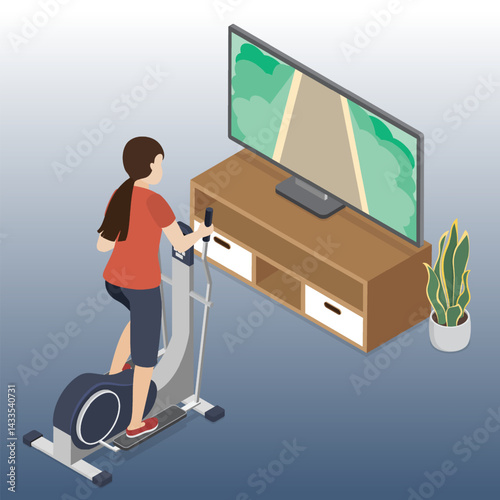 Young woman exercising on elliptical trainer at home. Girl walks in front of TV. Cardio workout. 3d flat vector isometric illustration.