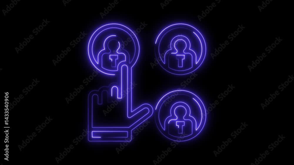 Neon user selection interface with glowing hand cursor and profile icons on black background for technology and business