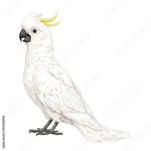 Elegant Cockatoo Bird Full Body with Crest Isolated Hand Drawn Watercolor Painting Illustration