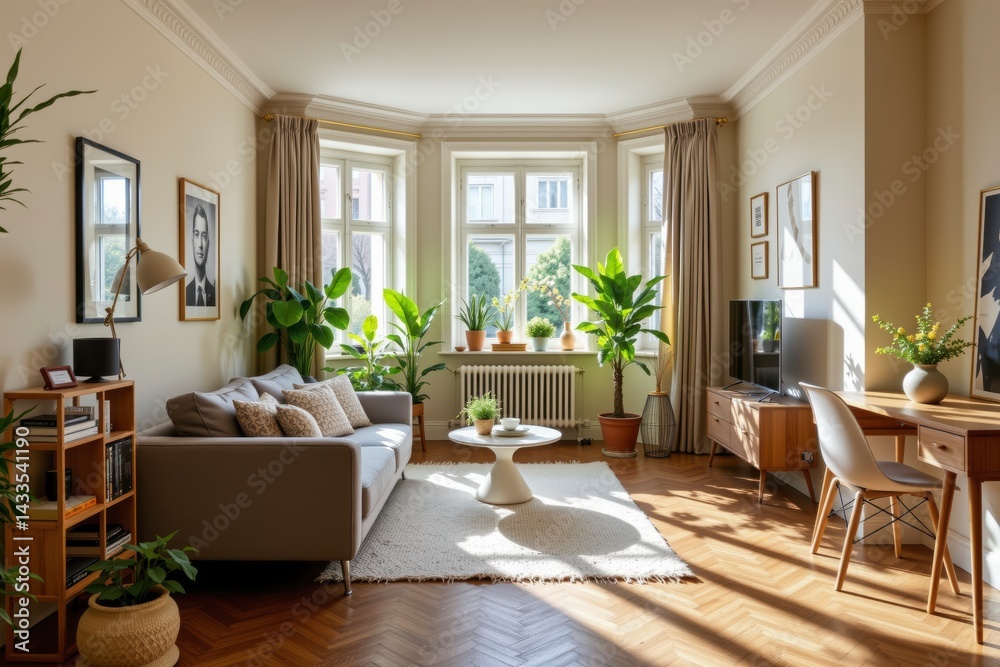 Fototapeta premium Bright and Cozy Living Room Interior with Green Plants and Warm Sunlight Filtering Through Windows