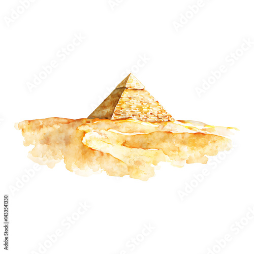 Egyptian Desert with Pyramid Sand Dunes Isolated Hand Drawn Watercolor Painting Illustration