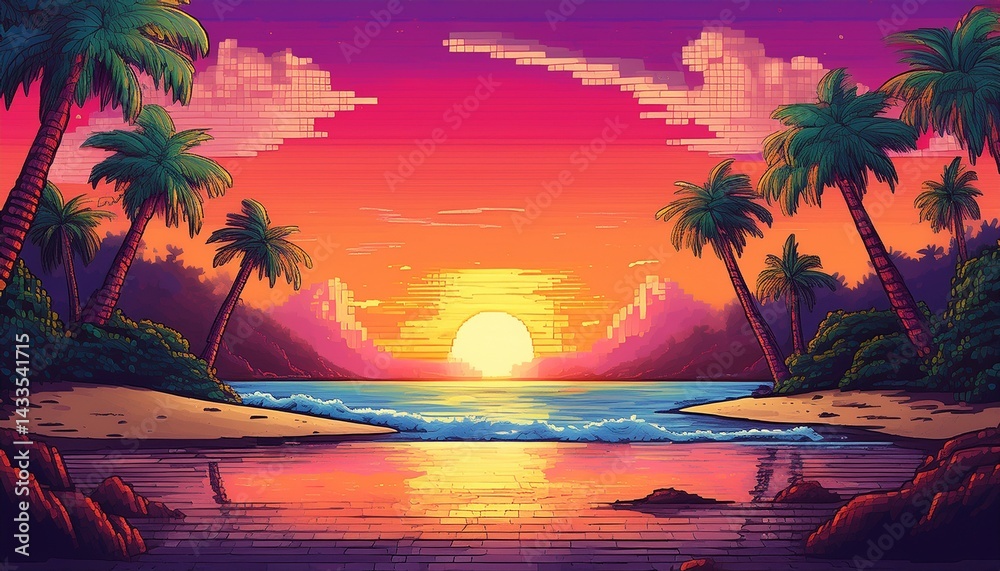 Fototapeta premium Pixel Art Tropical Beach Sunset Scene