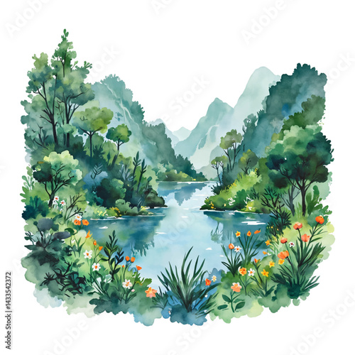 Jungle with Lake in Middle and Moon at Night Isolated Hand Drawn Watercolor Painting Illustration