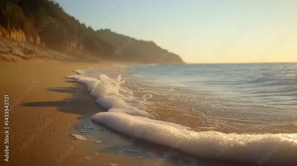Gentle waves washing onto a golden sandy beach at the coast Gentle waves washing onto a golden sandy beach at the coast