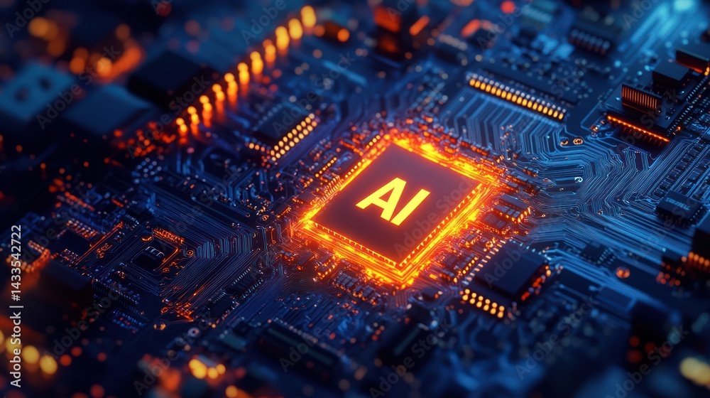 Obraz premium Glowing AI Processor on Motherboard Artificial Intelligence chip for technology use