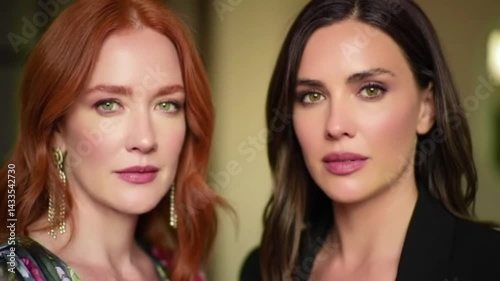 Two Elegant Women Portrait Video Close-up. Beautiful redhead and brunette female models looking seriously at camera. Diverse beauty footage concept.