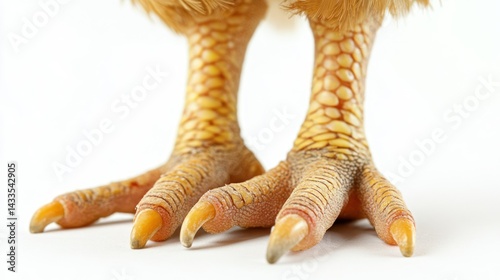 Chicken feet, featuring yellow scaly legs, stands steady against white background, awaiting culinary use.