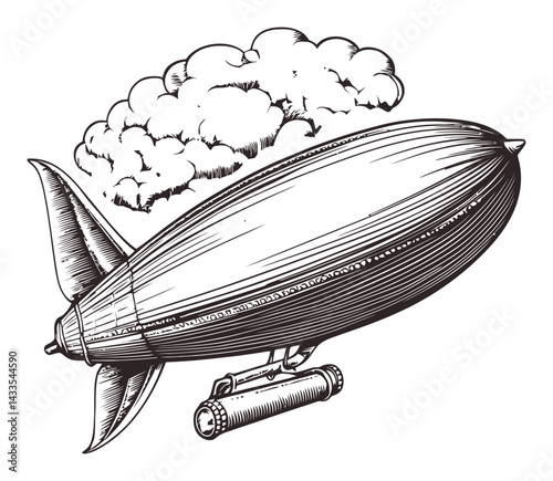 Vintage Engraving of Airship with Clouds in Black and White Style