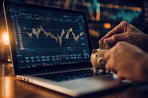 A hand places a bitcoin into a piggy bank in front of a laptop showing a stock chart photo