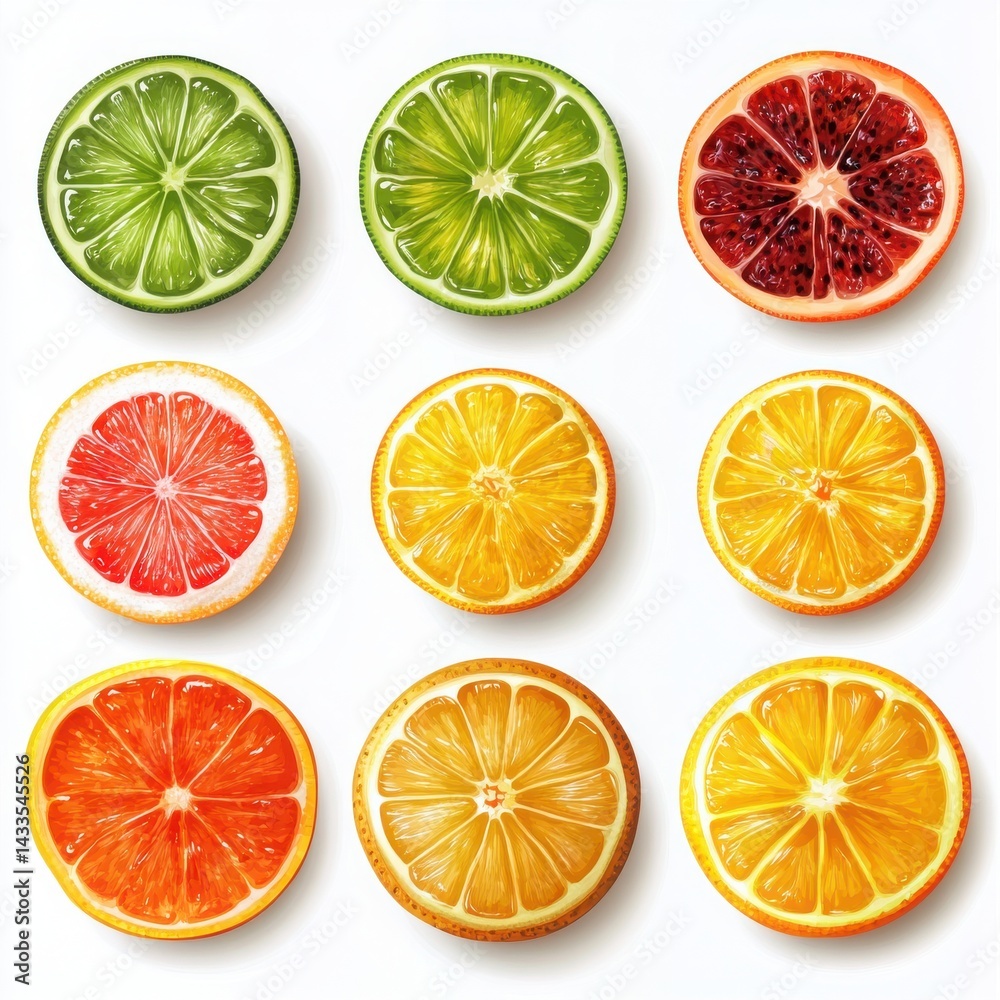 Fototapeta premium Assorted citrus fruit slices on white background