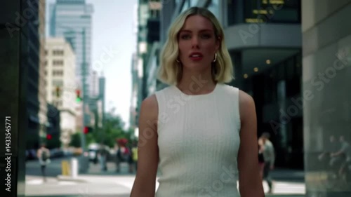 Confident Woman Walking in City Street Video Footage. Young blonde female professional in white top walking towards camera in urban environment daytime footage.