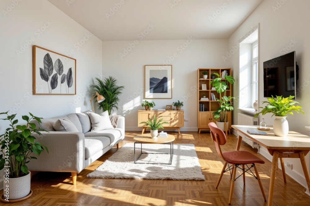 Fototapeta premium Cozy and Modern Living Room with Natural Light, Green Plants, and Stylish Decor Elements