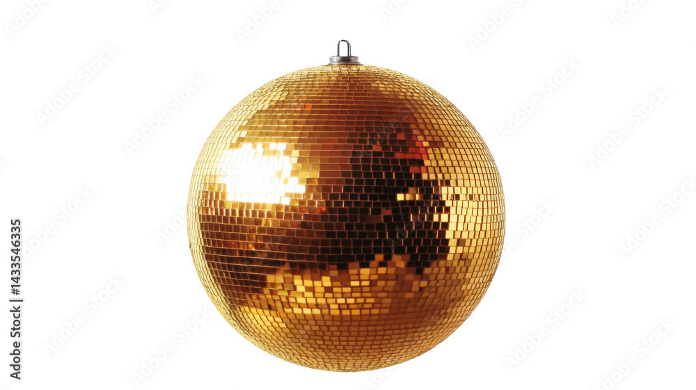 Obraz premium Golden disco ball rotating and reflecting light on transparent background