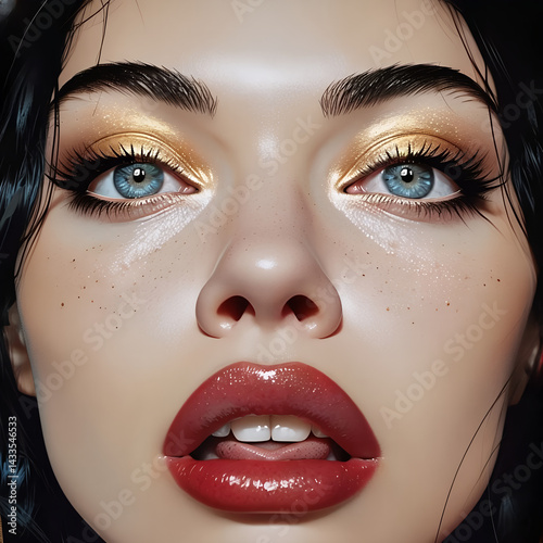 Intensa illustrazione del viso femminile con caratteristiche accattivanti, occhi azzurri e labbra rosse, Intense illustration of female face with eye-catching features, blue eyes, and red lips