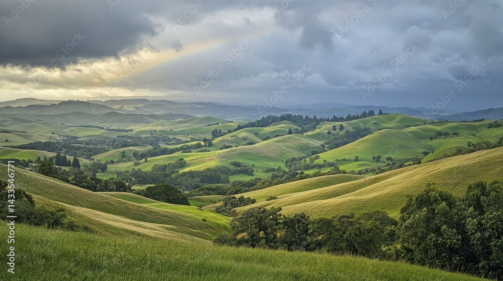 Fototapeta premium Vibrant Rainbow Arching Over Rolling Hills