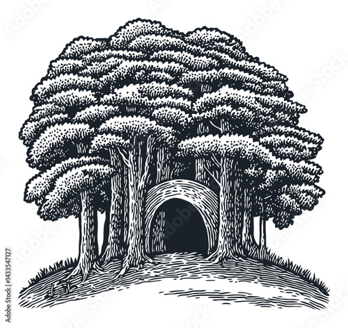 Black and White Engraving of Trees Surrounding a Mysterious Archway