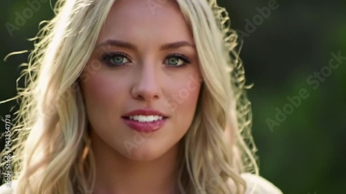 Young Blonde Woman Outdoor Portrait Video Footage. Beautiful female face close-up with wavy hair blowing in wind, looking at camera in natural sunlight.