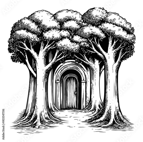 Intricate Engraving of Trees Framing a Mysterious Doorway