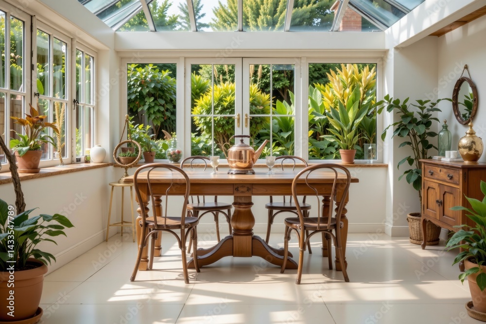 Fototapeta premium Bright and Airy Conservatory with Wooden Dining Table Surrounded by Lush Greenery and Plants