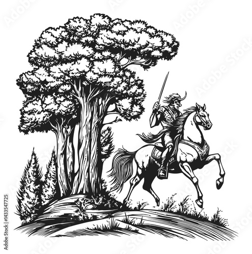 Heroic Knight Riding Horse with Sword Beside Majestic Tree