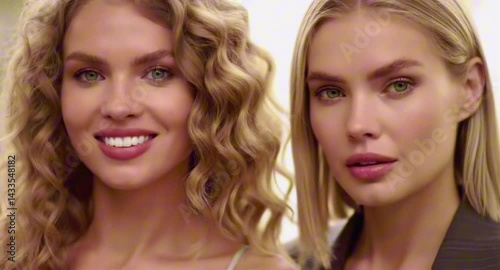 Two Blonde Women Portrait Video Close-up. Attractive female friends or sisters with different hairstyles posing together. Fashion beauty footage outdoors.