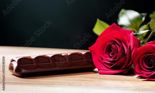 Chocolate bar and red roses on wooden table create romantic atmosphere