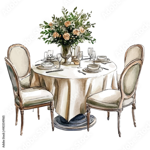 Elegant Dining Area, watercolor vector, isolated on a white background.