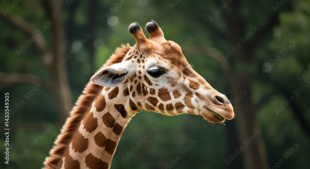 Giraffe's profile in a natural setting. Close-up view of a giraffe's head and neck, facing to the side, with a blurred forest background. Giraffe's profile in a natural setting. Close-up view of a giraffe's head and neck, facing to the side, with a blurred forest background.