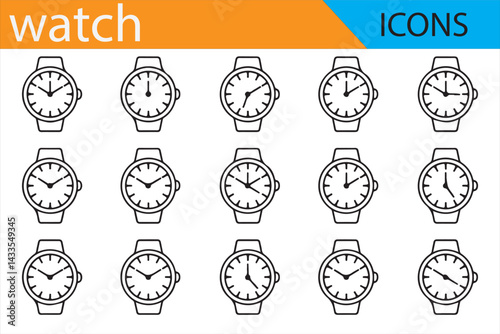 Watch Icon Set Featuring Analog and Digital Timepiece Designs for Timekeeping and Fashion Graphics