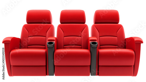 Three red cinema seats isolated on transparent background representing entertainment industry