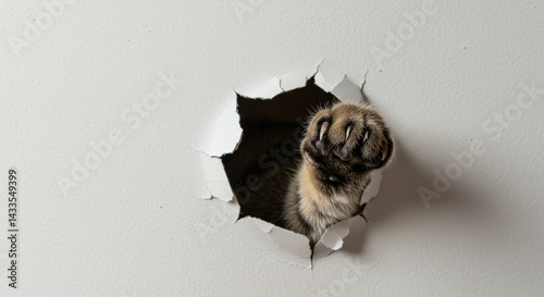 Tabby cat paw reaching through a hole in a white wall. Playful mischief with indoor home setting. Domestic pet causing damage to interior. home.