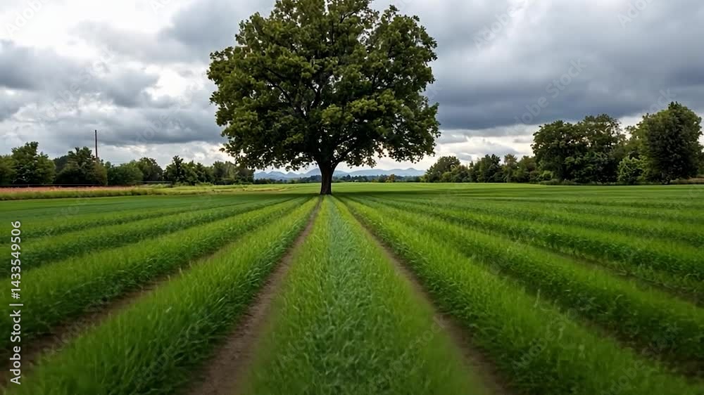 A symmetrical composition of a field of green crops leading the eye to a lone tree under a cloudy sky. The scene evokes tranquility and natural beauty A symmetrical composition of a field of green crops leading the eye to a lone tree under a cloudy sky. The scene evokes tranquility and natural beauty