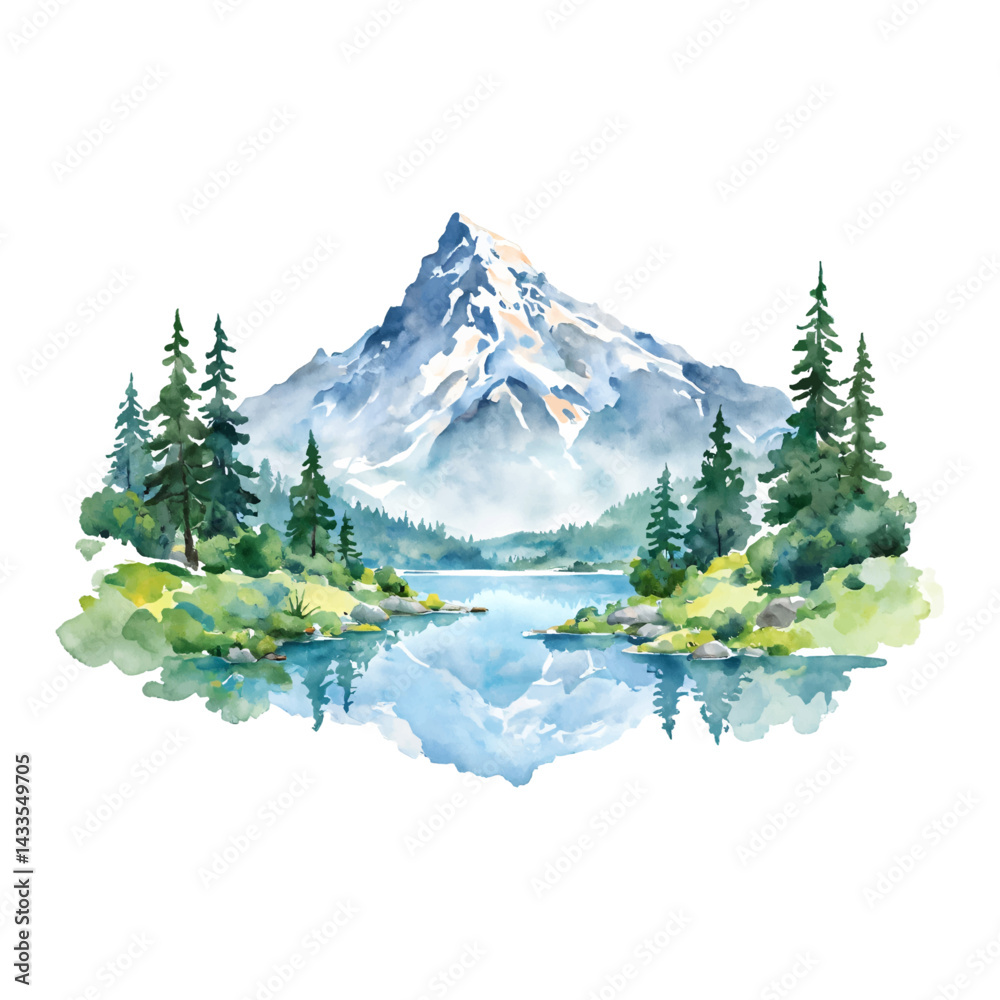 Mountain with Trees and Lake Scenery Isolated Hand Drawn Watercolor Painting Illustration