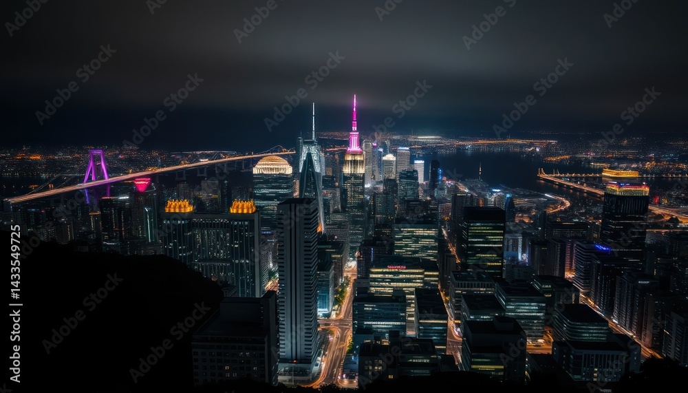 custom made wallpaper toronto digitalCityscape at Night. High angle view of illuminated skyscrapers, bridges, and roads
