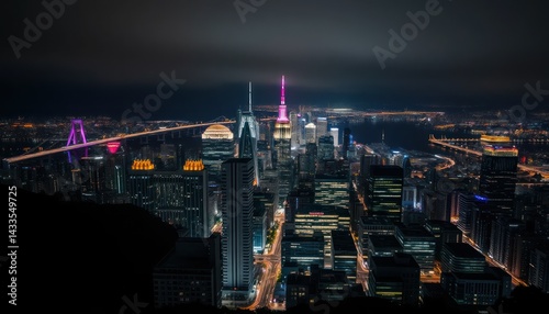 Wallpaper Mural Cityscape at Night. High angle view of illuminated skyscrapers, bridges, and roads Torontodigital.ca