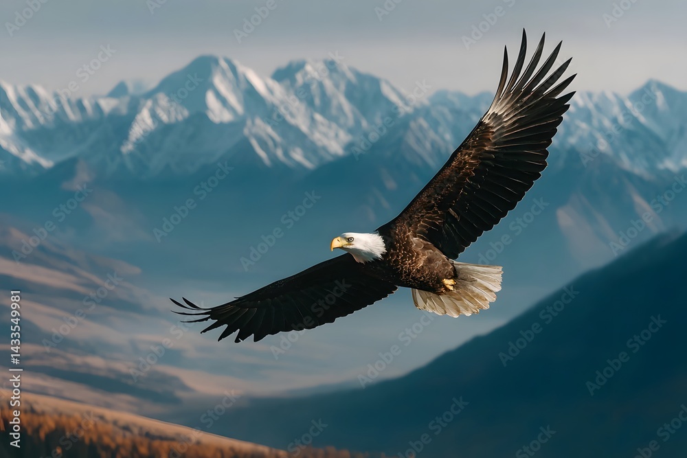 Fototapeta premium Majestic Bald Eagle Soaring Above Snow Capped Mountains Wildlife Nature Freedom Bird