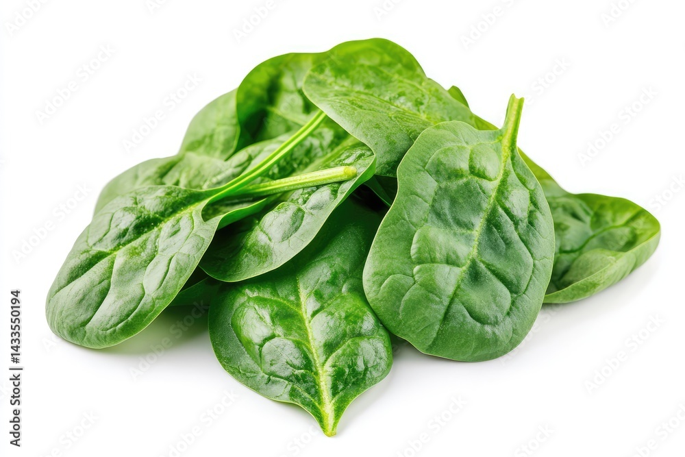 Obraz premium Fresh spinach leaves on white background. AI generated illustration.