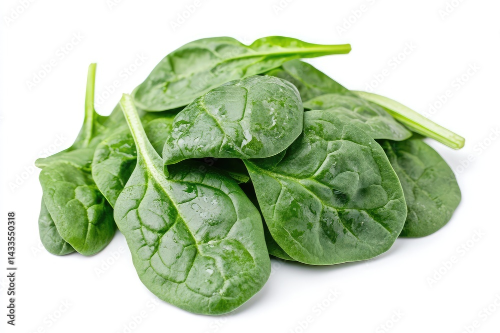 Obraz premium Fresh spinach leaves on white background. AI generated illustration.