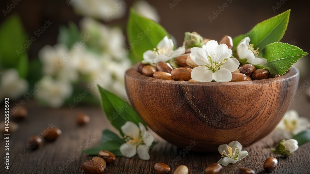 Argan nuts rest inside wooden bowl, adorned with cherry blossoms, promising natural health benefits. Argan nuts rest inside wooden bowl, adorned with cherry blossoms, promising natural health benefits.