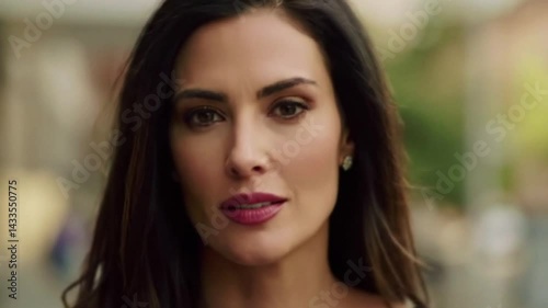 Elegant Brunette Woman Portrait Video Close-up Footage. Beautiful female model face with makeup, looking at camera outdoors with blurred background bokeh.