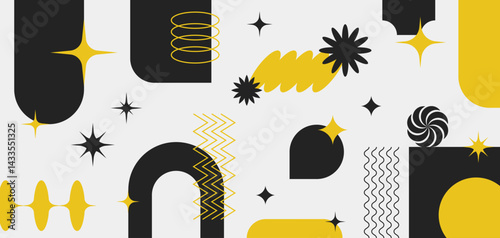 Geometric banner with abstract bold shapes and forms. Brutal contemporary figures, stars, ovals, flowers and other graphic design elements. Swiss design aesthetic, vector illustrations.