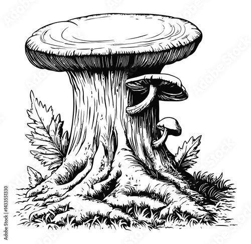 Detailed Engraving of a Mushroom and Tree in Black and White Style