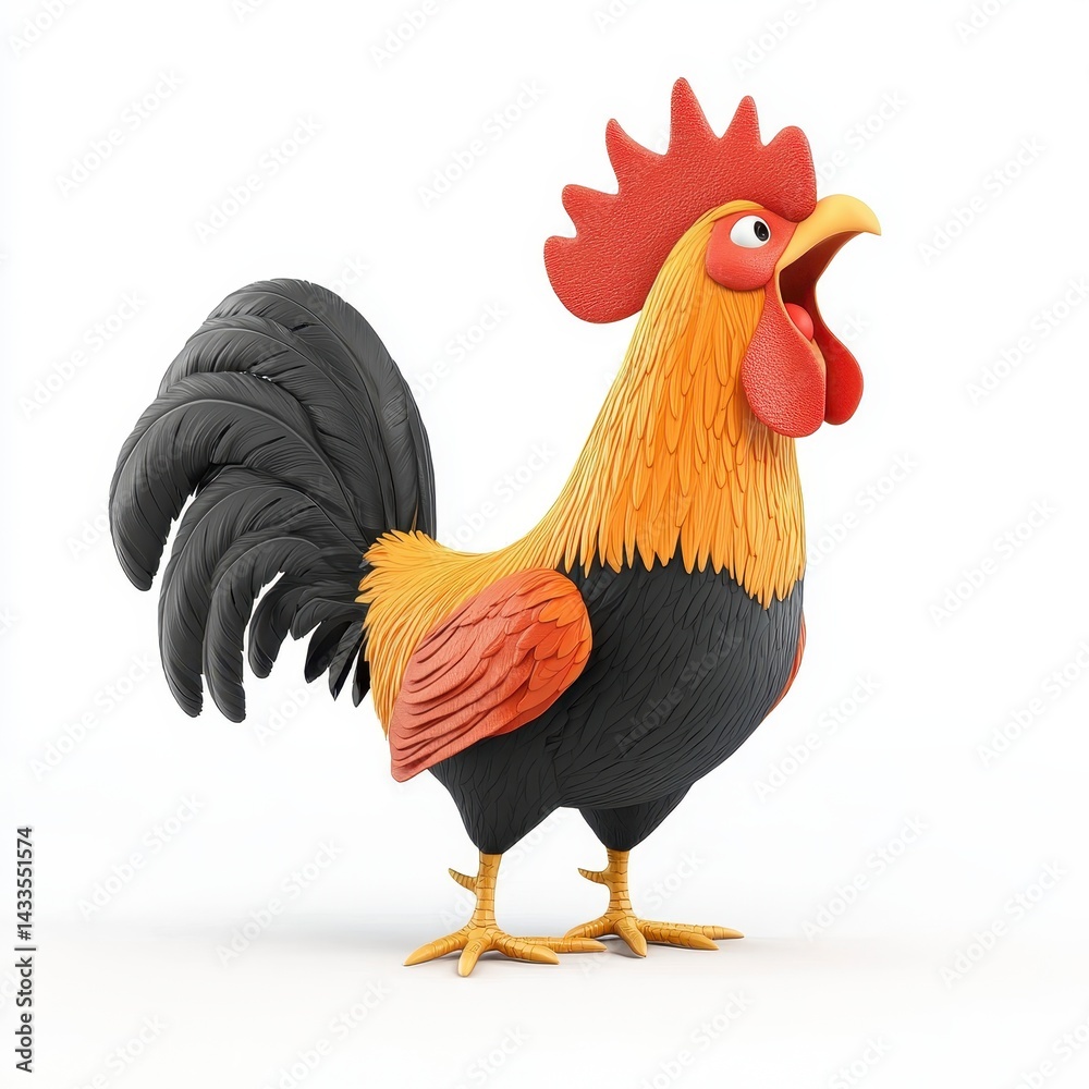 Fototapeta premium Pixelated Rooster Illustration 3D Render Orange Red Black